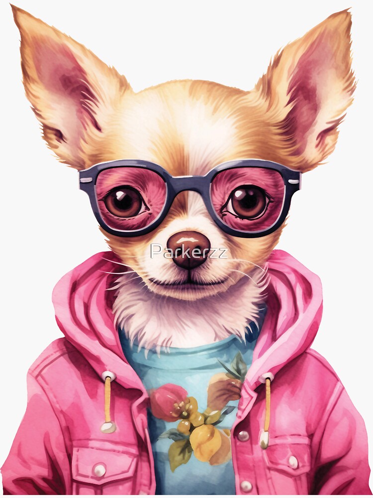 Sticker for Sale avec l'œuvre « Chihuahua portant une veste rose et des  lunettes, Illustration fantaisiste de Chihuahua, Idée cadeau mignonne pour  les amoureux des chiens » de l'artiste Parkerzz