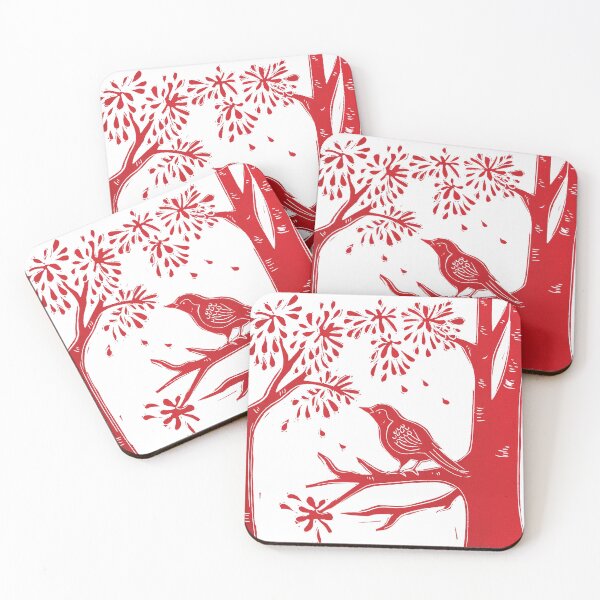 Item preview, Beautiful Bird in Blossom Tree Lino Print | Red and White designed and sold by Maddy Bennett.