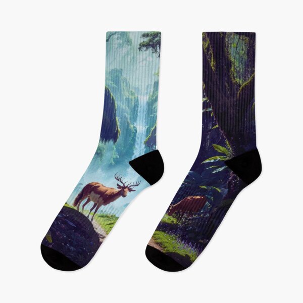 Item preview, Tranquil Forest Scene with Deer and Waterfall - Nature designed and sold by Just Art's Creations colinw2292@gmail.com.