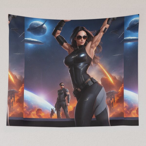 Artikelvorschau, Cool 80s style scifi poster featuring women with spaceships, space weapons and aliens entworfen und verkauft von Vintage Designs +.
