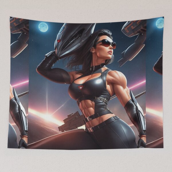 Artikelvorschau, Cool 80s style scifi poster featuring women with spaceships, space weapons and aliens entworfen und verkauft von Vintage Designs +.