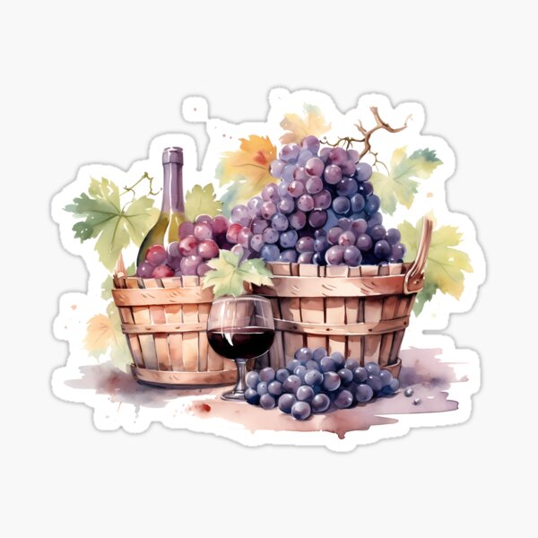 Item preview, Watercolor Purple Grapes Sticker with basket & Wine designed and sold by nimiusi.