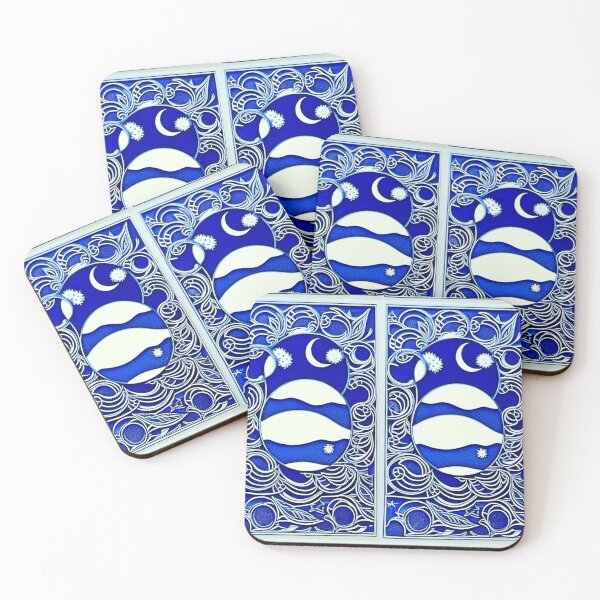 Item preview, Moon and hills with lacey white border linograph folk art designed and sold by Earth Nature Creations.