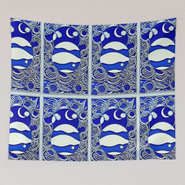 Item preview, Moon and hills with lacey white border linograph folk art designed and sold by Earth Nature Creations.