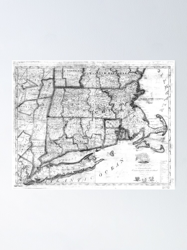 Vintage Map Of New England States 1843 Bw Poster By Bravuramedia Redbubble