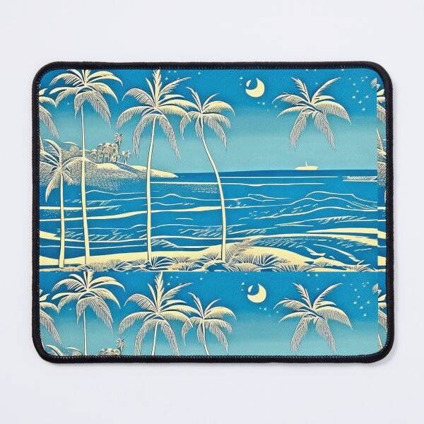 Item preview, Tropical Blue and white moon and stars linograph folk art designed and sold by Earth Nature Creations.
