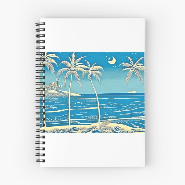 Item preview, Tropical Blue and white moon and stars linograph folk art designed and sold by Earth Nature Creations.