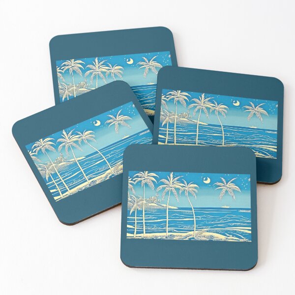 Item preview, Tropical Blue and white moon and stars linograph folk art designed and sold by Earth Nature Creations.
