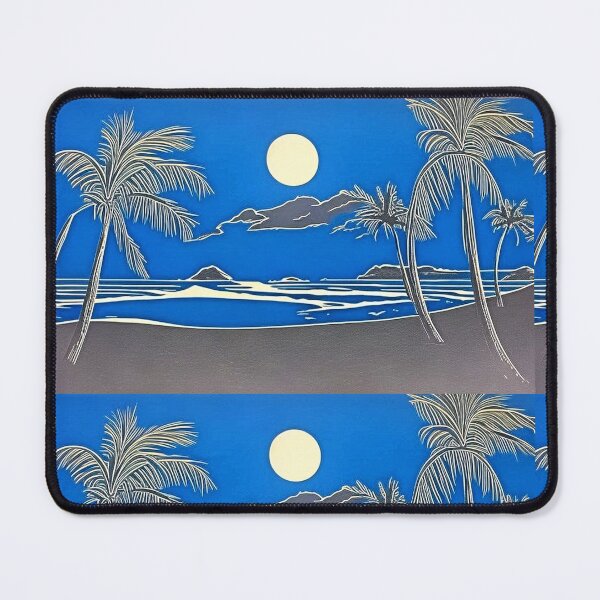 Item preview, Tropical Blue and white moon and stars linograph folk art designed and sold by Earth Nature Creations.