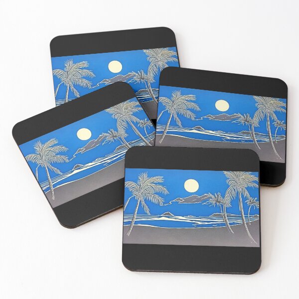 Item preview, Tropical Blue and white moon and stars linograph folk art designed and sold by Earth Nature Creations.