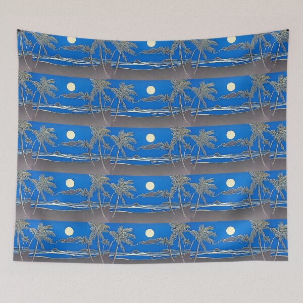 Item preview, Tropical Blue and white moon and stars linograph folk art designed and sold by Earth Nature Creations.