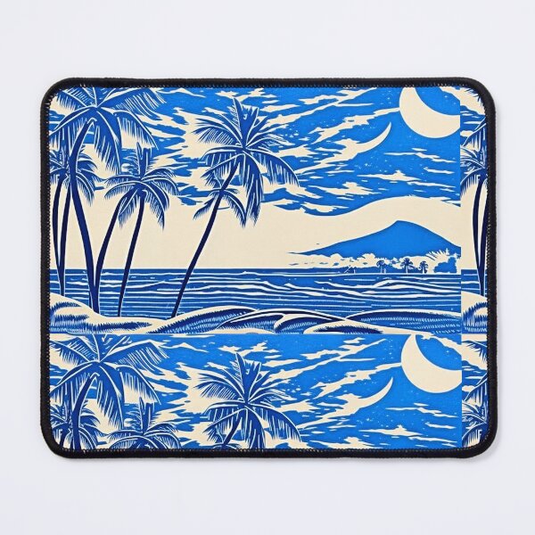 Item preview, Tropical Blue and white moon and stars linograph folk art designed and sold by Earth Nature Creations.