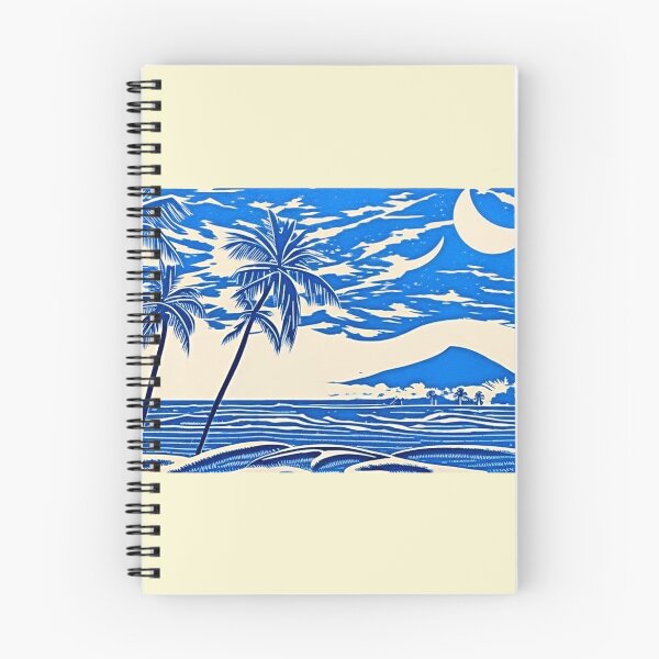 Item preview, Tropical Blue and white moon and stars linograph folk art designed and sold by Earth Nature Creations.