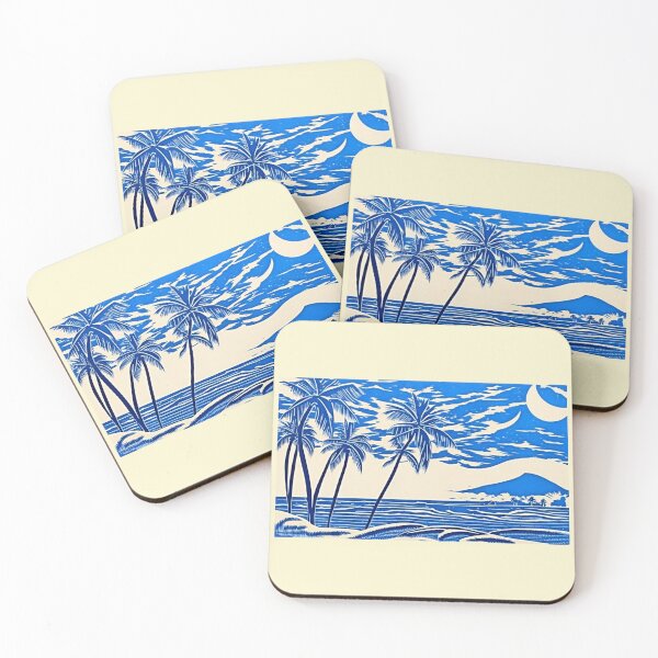 Item preview, Tropical Blue and white moon and stars linograph folk art designed and sold by Earth Nature Creations.
