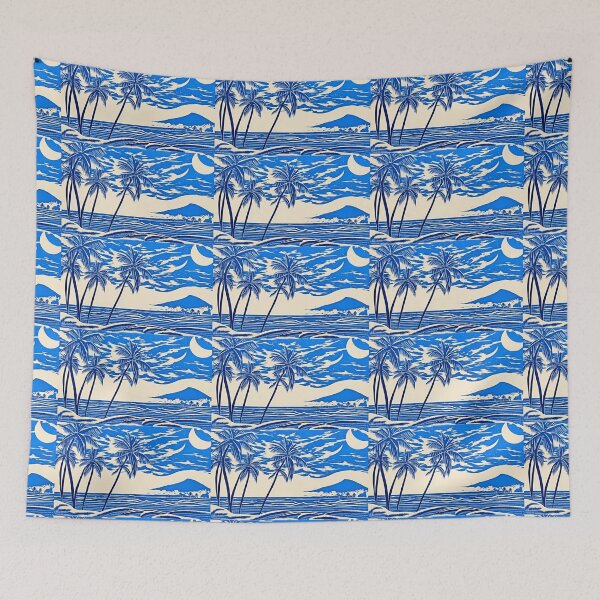 Item preview, Tropical Blue and white moon and stars linograph folk art designed and sold by Earth Nature Creations.