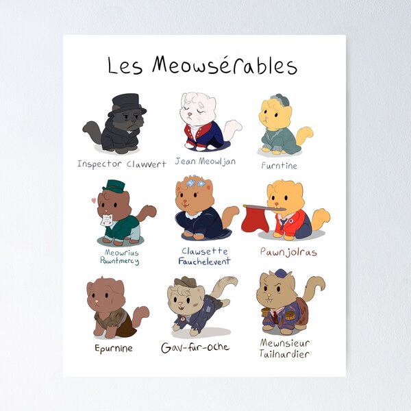 Vista previa del artículo con la obra «Lindo juego de palabras con gatos de Los Miserables (Les Meowserables)», diseñado y vendido por MellowArtStuff.
