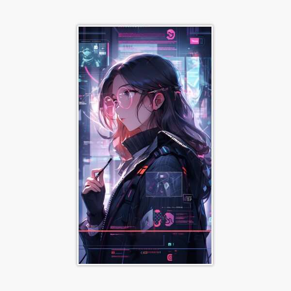 Colorful Braid Cyberpunk Anime Girl | Sticker