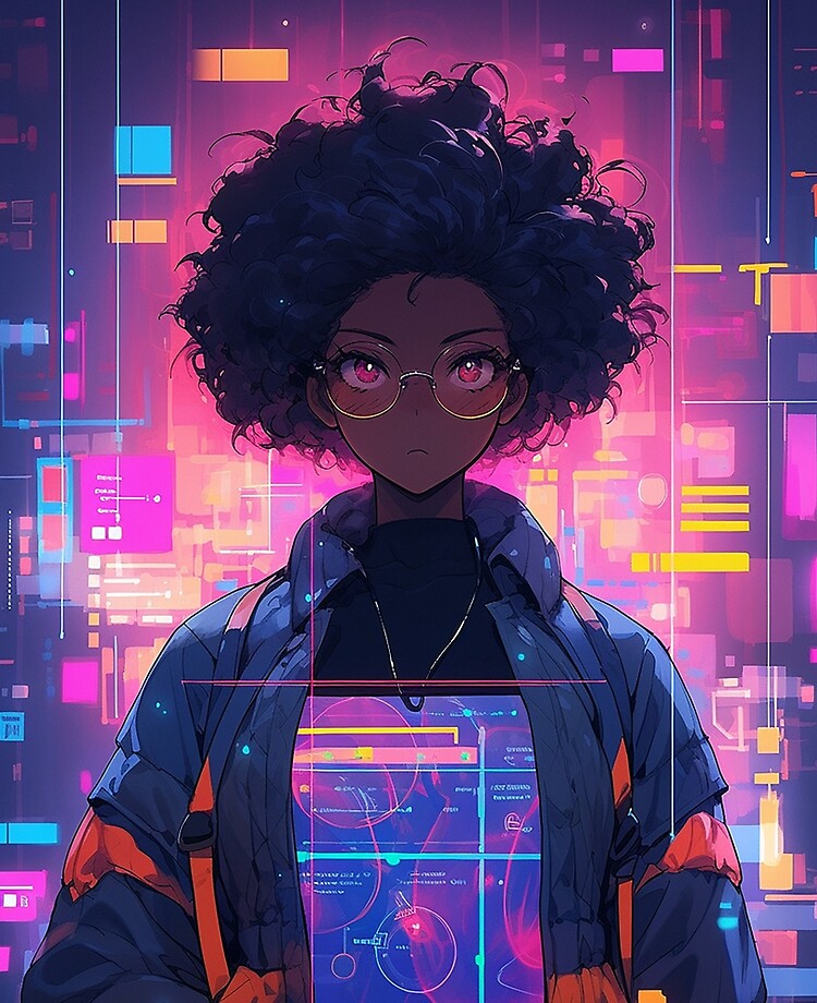 Illustration of a dark-skinned anime girl with glasses and curly hair