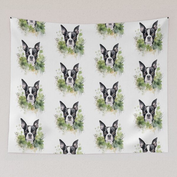 Item preview, Portrait of a Boston Terrier in Summer Foliage watercolor art designed and sold by EmmaFinchDesign.