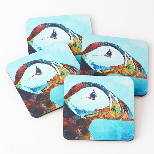 Item preview, Beachy Colorful Puffin Bird Art on Blue Watercolor designed and sold by Sharon Cummings Art.