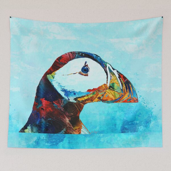 Item preview, Beachy Colorful Puffin Bird Art on Blue Watercolor designed and sold by Sharon Cummings Art.