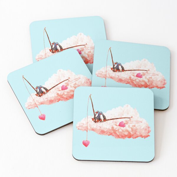 Item preview, Penguin couple fishing for hearts on pink cloud in blue sky. designed and sold by PenguinGirl-Art.