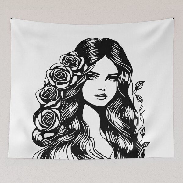 Item preview, Pretty Girl with Long Hair and Roses on White designed and sold by Shapes-Mania.