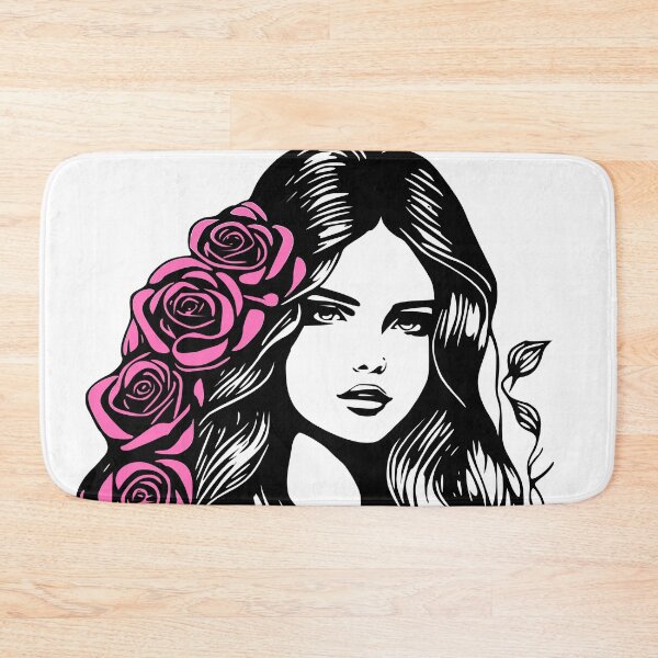 Item preview, Pretty Girl with Long Hair and Pink Roses on White designed and sold by Shapes-Mania.
