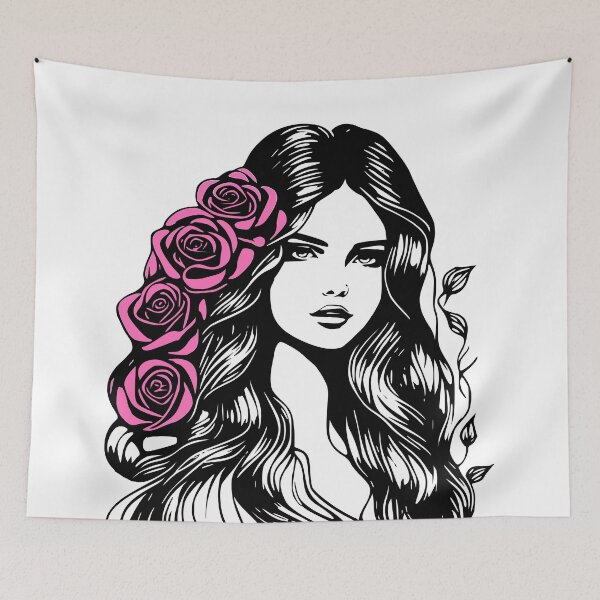 Item preview, Pretty Girl with Long Hair and Pink Roses on White designed and sold by Shapes-Mania.