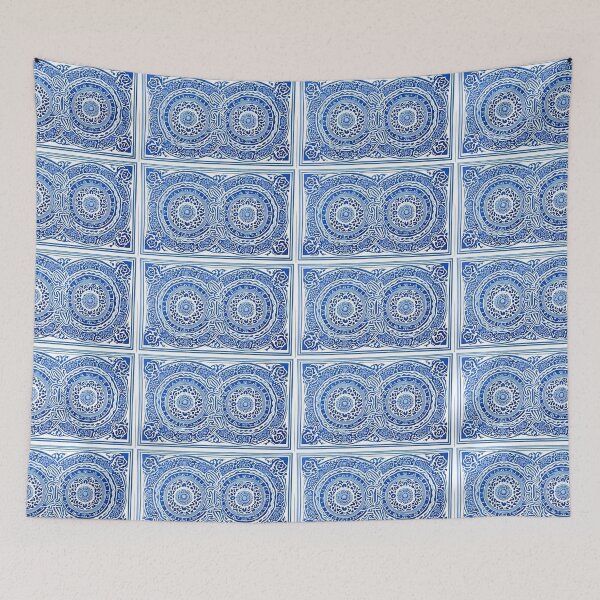 Item preview, Blue and white mandala swirl linograph folk art designed and sold by Earth Nature Creations.