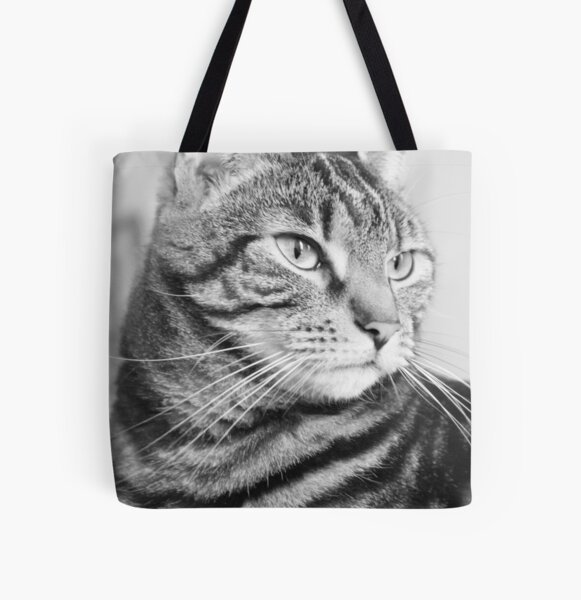 Tabby Cat in Black and White All Over Print Tote Bag