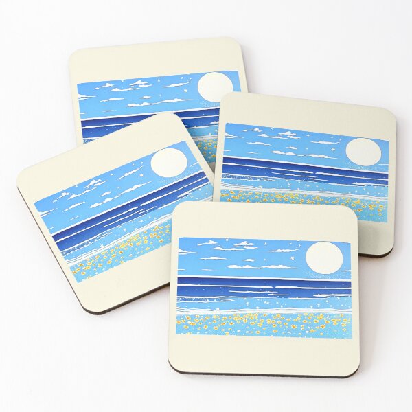 Item preview, Tropical Blue and white moon linograph folk art designed and sold by Earth Nature Creations.