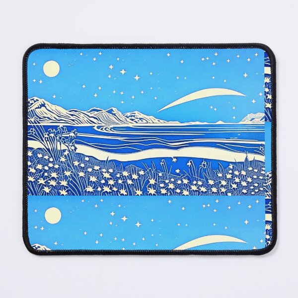 Item preview, Tropical Blue and white moon linograph folk art designed and sold by Earth Nature Creations.