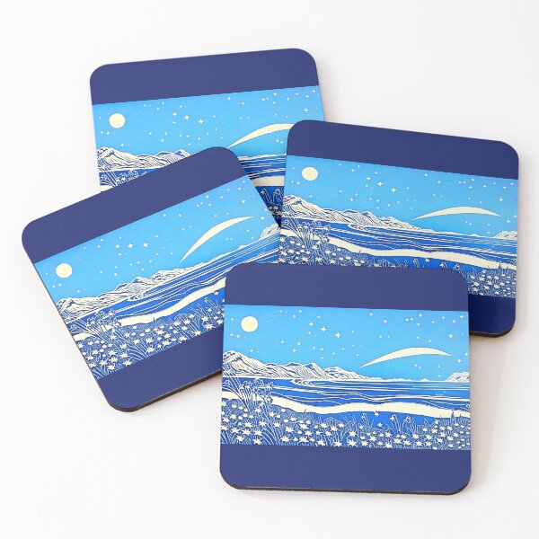 Item preview, Tropical Blue and white moon linograph folk art designed and sold by Earth Nature Creations.