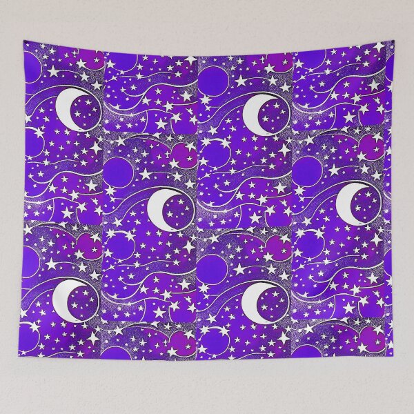Item preview, Moon and white starry linograph folk art designed and sold by Earth Nature Creations.