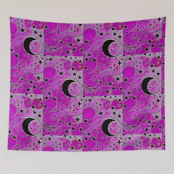 Item preview, Moon and white starry linograph folk art designed and sold by Earth Nature Creations.