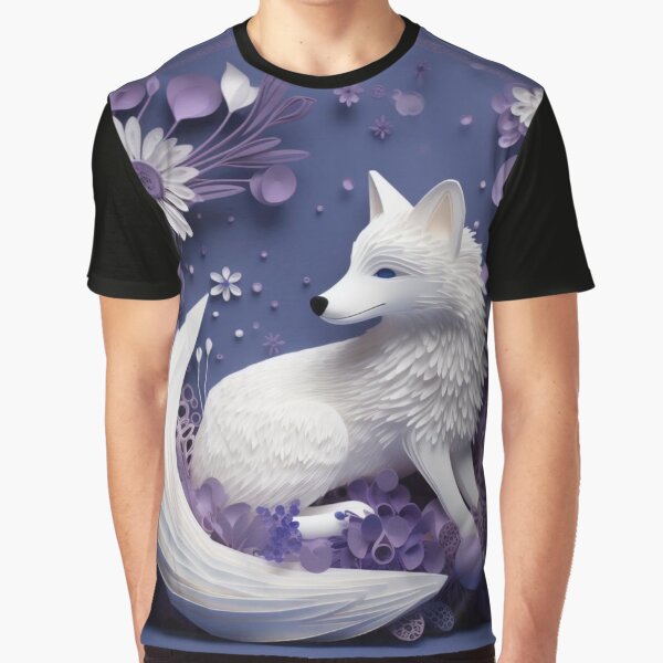 Vista previa del artículo con la obra «White fox with flowers on a blue background. 3d rendering.», diseñado y vendido por aiphotosart.