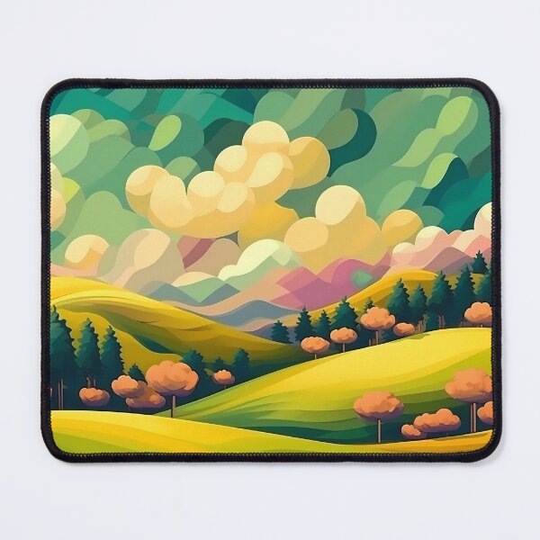 Artikelvorschau, Abstrakte Landschaft mit Hügeln und Bäumen und bewölktem Himmel. entworfen und verkauft von osadchyii.