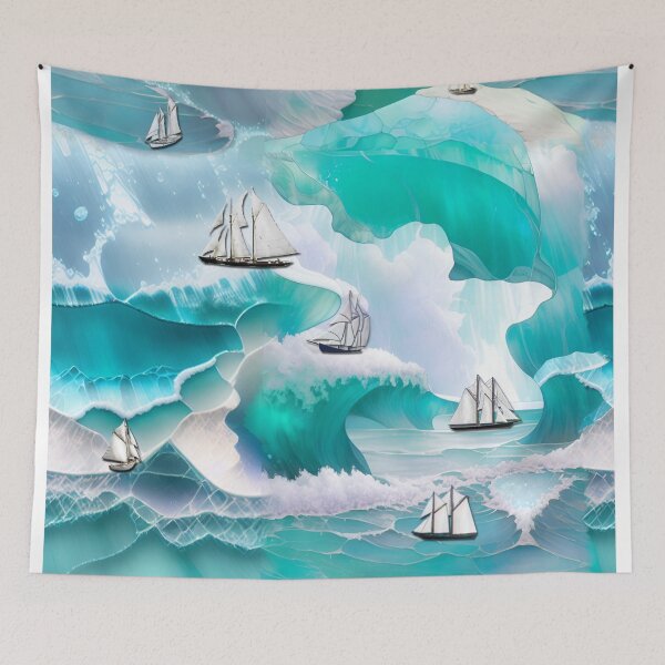 Item preview, sea, stained glass, aquamarine, ships, spray, waves designed and sold by Maria Mihailova.