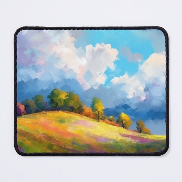 Artikelvorschau, Abstrakte Landschaft mit Hügeln und Bäumen und bewölktem Himmel. entworfen und verkauft von osadchyii.