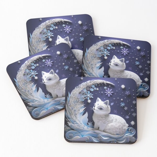 Item preview, White cat sitting on a blue background with flowers and snowflakes designed and sold by aiphotosart.