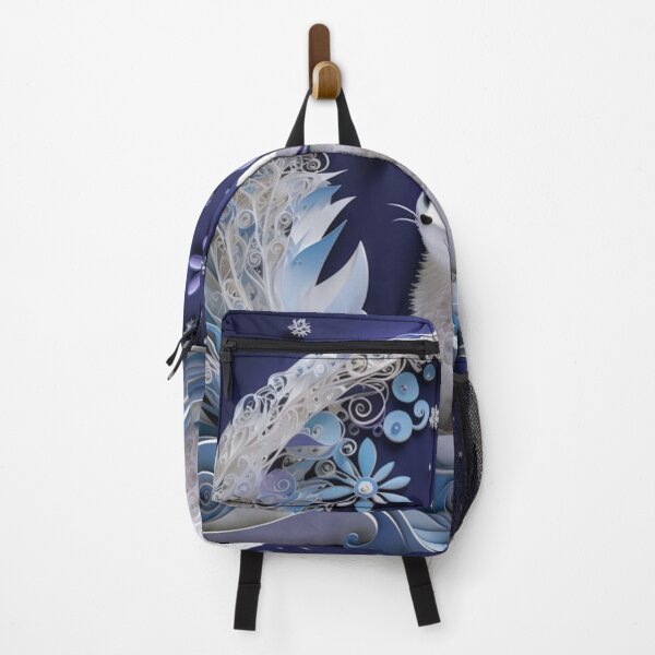 Item preview, White cat sitting on a blue background with flowers and snowflakes designed and sold by aiphotosart.