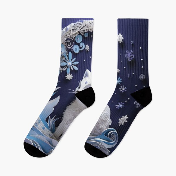 Item preview, White cat sitting on a blue background with flowers and snowflakes designed and sold by aiphotosart.