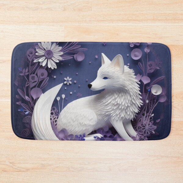 Item preview, White fox on a blue background with flowers and decorative elements. 3d rendering designed and sold by aiphotosart.