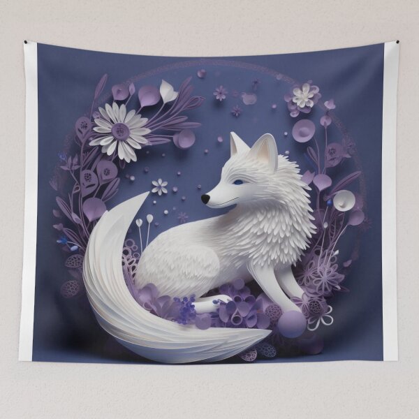 Item preview, White fox on a blue background with flowers and decorative elements. 3d rendering designed and sold by aiphotosart.