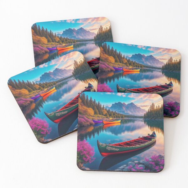 Item preview, Waterfront Landscapes with Colorful Rowboats and Canoes Floating on a Calm River or Lake, Creating a Serene and Peaceful Atmosphere, Ai Generated Art designed and sold by AiGens.