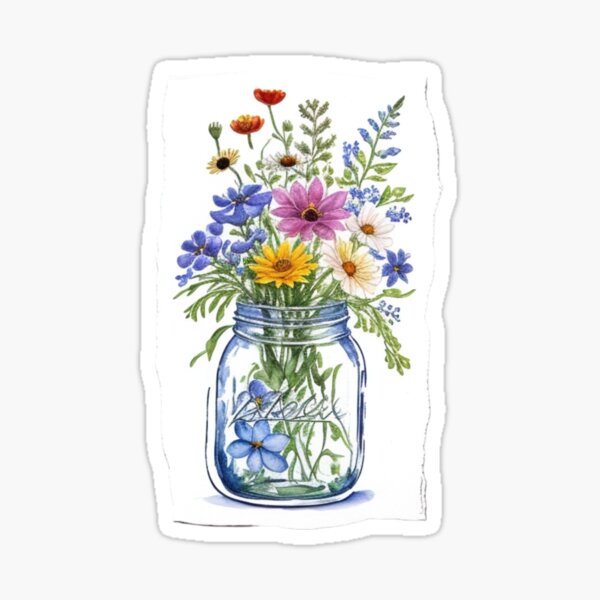 Vista previa del artículo con la obra «Ramo de flores silvestres en tarro de albañil sobre fondo de papel - Diseño de acuarela caprichoso», diseñado y vendido por BBGIFTSUK.