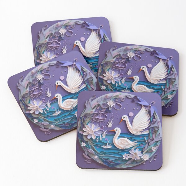 Artikelvorschau, Paper cut of two white swans on a purple background. Paper craft. entworfen und verkauft von aiphotosart.