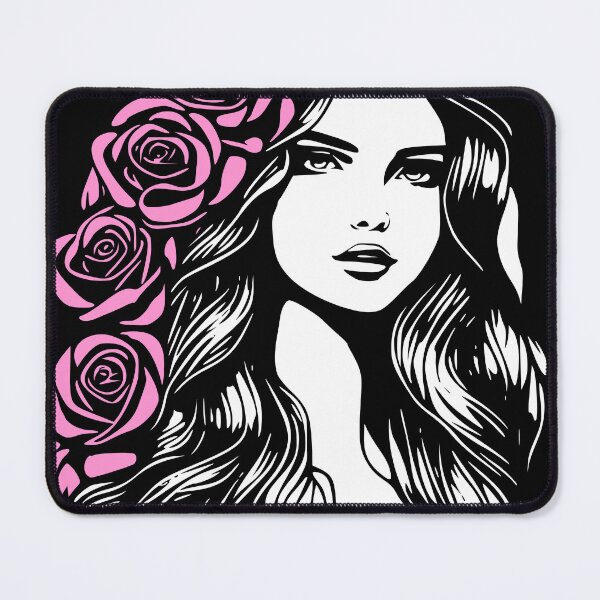 Item preview, Pretty Girl with Long Hair and Pink Roses Black and White designed and sold by Shapes-Mania.