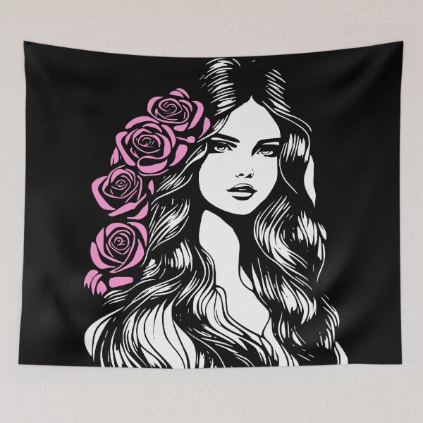 Item preview, Pretty Girl with Long Hair and Pink Roses Black and White  designed and sold by Shapes-Mania.